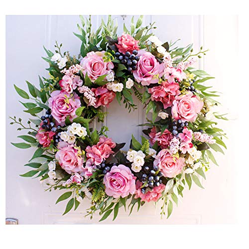 56cm/22inch Großer Kranz Simulation Rose Deko Kranz Wandkranz Handgefertigt Kranz für Zuhause, Parties, Türen, Hochzeiten Blumenkranz Künstliche Dekorative Rosa Durchmesser 56cm