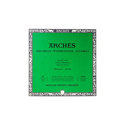 Arches 1711601 Aquarell Block, 20 Blatt Aquarellpapier in Naturweiß, 300g/m², hohe Farbechtheit, Alterungsbeständigkeit, Feinkorn, 31 x 31cm