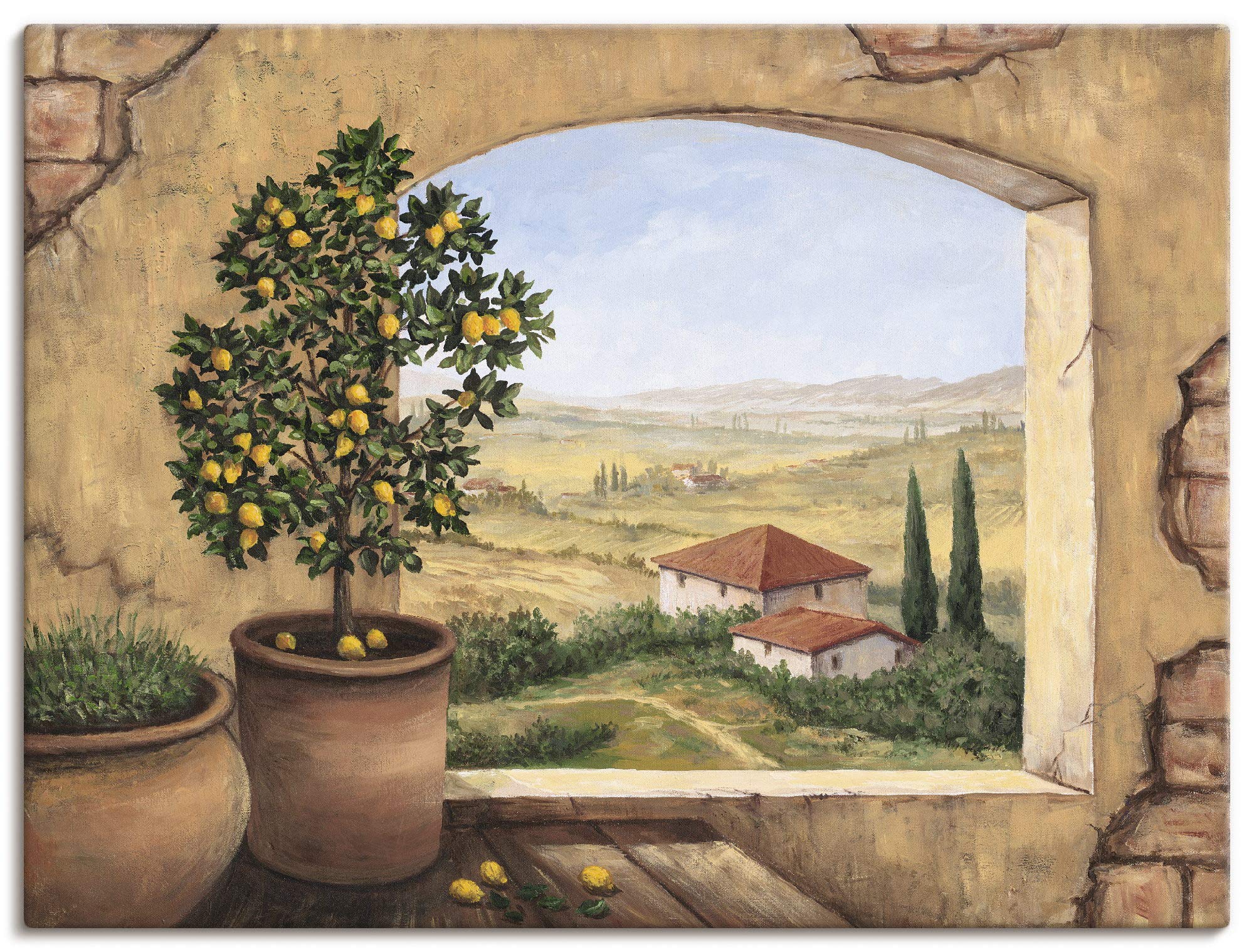 Artland Leinwandbild Wandbild Bild auf Leinwand 40x30 cm Wanddeko Fensterblick Fenster Toskana Italien Landschaft Aussicht Malerei T5ZG