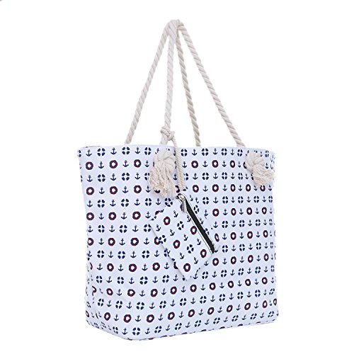 Große Strandtasche mit Reißverschluss 58 x 38 x 18 cm Strand-Maritim Design weiß Shopper Schultertasche
