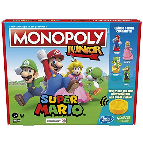 Monopoly Junior Super Mario Edition Brettspiel, ab 5 Jahren, spielt im Pilz-Königreich als Mario, Peach, Yoshi oder Luigi