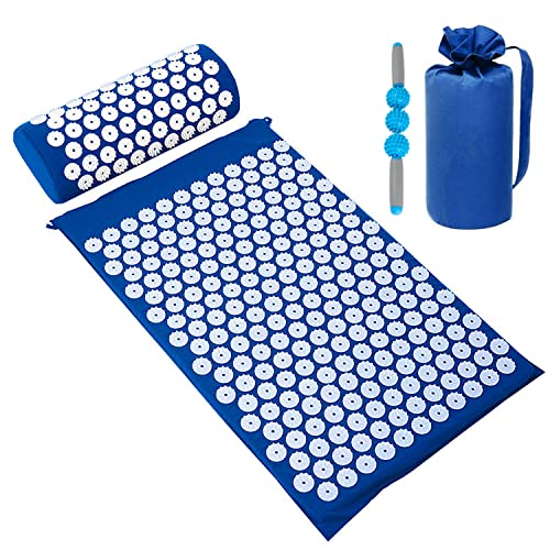 Akupressurmatte & Kissen Set/Akupunkturmatte Spike Yogamatte für Massage Wellness Entspannung und Verspannungen Entspannung Muskeln Entspannung nach Sport Genesung - mit Tragetasche (Blau)