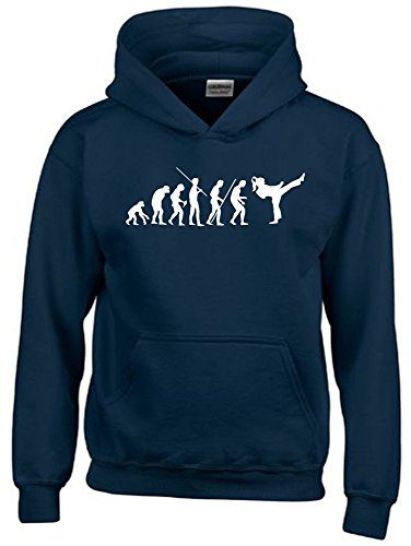 Coole-Fun-T-Shirts Mädchen Karate Kickboxen Evolution Kinder Sweatshirt mit Kapuze Hoodie Navy-Weiss, Gr.140cm