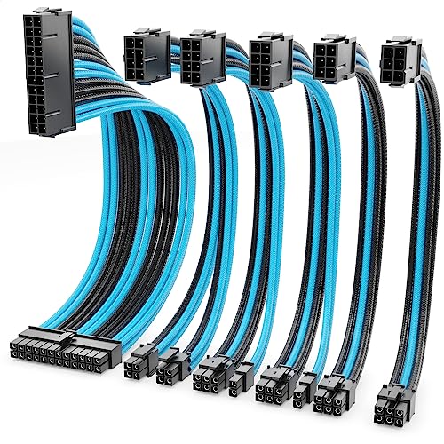 deleyCON Netzteil Kabel Set 6-Teilig 30cm - Intern Grafikkarte PC Computer Mainboard Motherboard 18 AWG ATX 24-Pin EPS 4+4-Pin PCI Express 6+2-Pin & 6-Pin Stromkabel Stecker auf Buchse Schwarz Blau