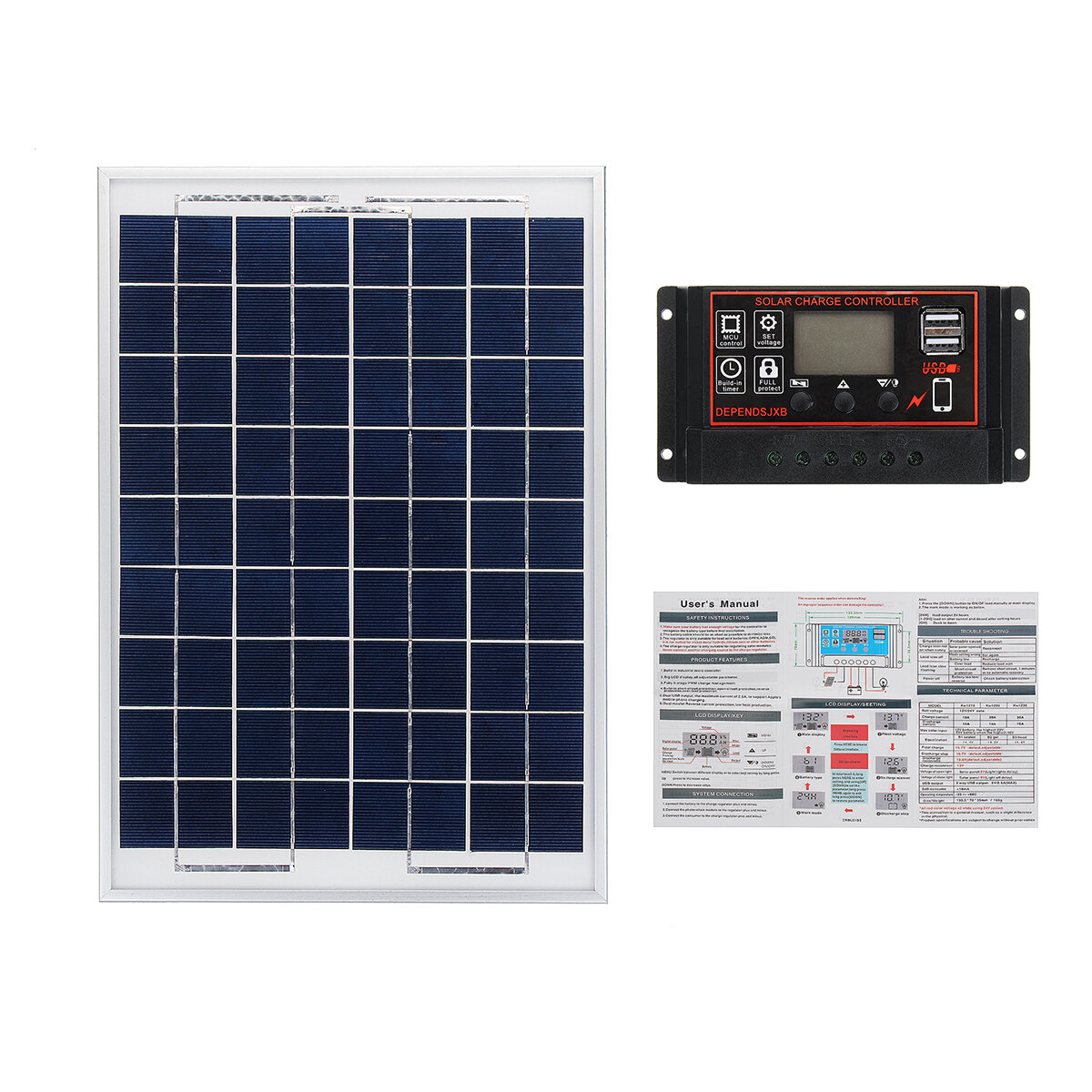 DEPENDSJXB 18V 20W Klasse A Polysilizium-Solarpanel + 12V / 24V 10 ~ 60A PWM Solarregler mit LCD Display Satz