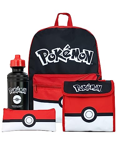 Pokémon Schulranzen 4-teiliges Set | Kinder Rucksack und Lunch Bag Set mit Federmäppchen und Trinkflasche | Kinderrucksäcke | Offizielles Merchandise