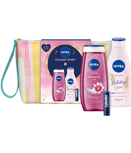 NIVEA Holiday Spirit Geschenkset, verwöhnendes Pflegeset mit NIVEA Pflege-Favoriten, Geschenkbox mit Pflegedusche, Body Lotion, Labello und Kulturtasche