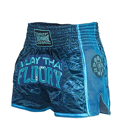 FLUORY Muay Thai-Shorts, Größe: XS, S, M, L, XL, 2XL, 3XL, 4XL, Boxshorts für Herren/Damen/Kinder in vielen Farben, Mtsf69dunkelblau, Mittel