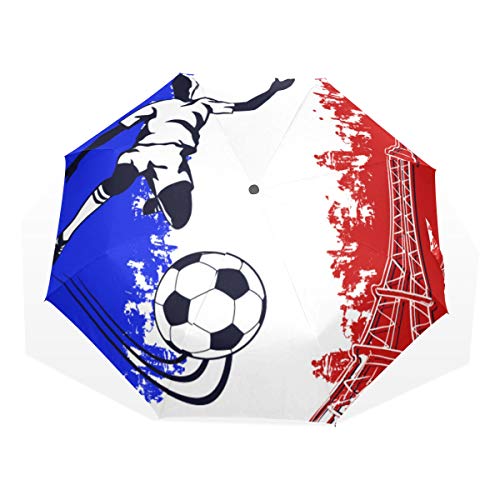 Rootti Regenschirm, 3 Falten, leicht, Frankreich-Flagge, Fußball und Eiffelturm, mit einem Knopf, automatisches Öffnen und Schließen, winddicht, für Kinder, Damen und Herren