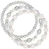 Valero Pearls 3-er Damen-Armband Set elastisch Hochwertige Süßwasser-Zuchtperlen in ca. 5-8 mm Oval weiß/silbergrau 19 cm - Perlenarmbänder mit echten Perlen grau weiss 60020050