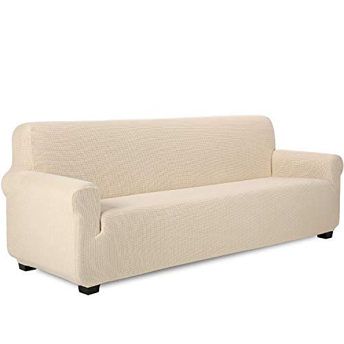 TIANSHU Sofabezug 4 sitzer, Stretch Spandex Couchbezug Sesselbezug Elastischer Antirutsch Stretchhusse Weich Stoff,Jacquard-Stretch-Sofabezug, Schonbezug für Sofa-Sofahalter(4 sitzer,Beige)
