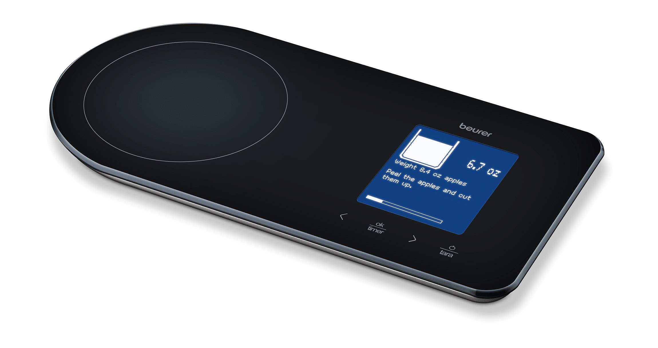 Beurer KS 800 Rezeptwaage, Küchenwaage mit Rezeptanzeige, Bluetoothverbindung zur Smartphone Rezepte-App, 5 kg Tragkraft, wiederaufladbarer Akku, schwarz