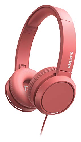 Philips Audio On Ear Kopfhörer mit Mikrofon (Inline-Fernbedienung, Zusammenklappbar, Abgewinkelter Anschluss, Gepolsterter Bügel, Geräuschisolierung) - Rot 2020/2021 Modell, One Size, TAH4105RD/00