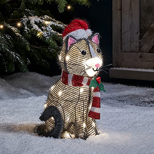Lights4fun 30er LED Katze Weihnachtsbeleuchtung Außen Weihnachtsfigur mit Timer