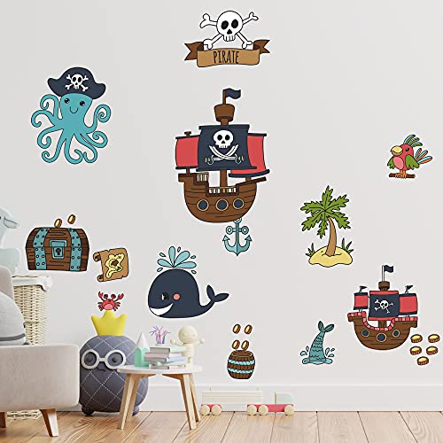 Piraten Wandtattoo Set V250 | handgezeichnet | AUFKLEBER Kindergarten | Wandsticker Kinderzimmer Matrose Pirat Oktopus Piratenschiff Seemann Anker Insel (60 x 60 cm)