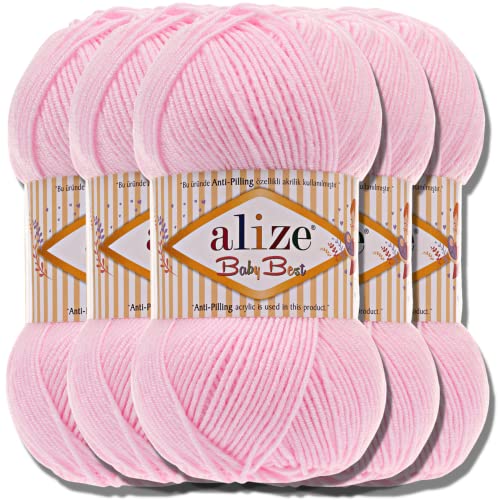 Alize 5x 100g Baby Best Türkische Premium Wolle aus Baumwolle und Acryl Uni Handstrickgarne | Yarn | Garn | Strickgarn Babywolle Einfarbig Baby zum Häkeln Stricken Schals (Powder Pink | 185)