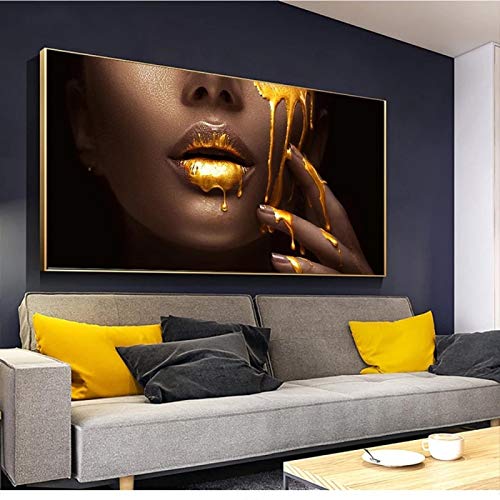 Große Afrikanische Frau Gesicht Leinwand Kunst Poster Drucke Goldene Lippen Leinwand Gemälde Modernes Abstraktes Bild für Wohnzimmer 80x170cm (32x68in) mit Rahmen