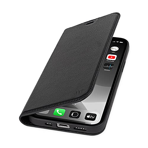 WIIUKA Hülle für iPhone 15 Pro, Leder aus Deutschland, mit Kartenfach, extra Dünn, Handyhülle mit Standfunktion, Tasche Schwarz