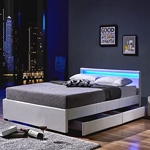Home Deluxe - LED Bett Nube - Weiß 140 x 200 cm - inkl. Schublade - Verschiedene Größen