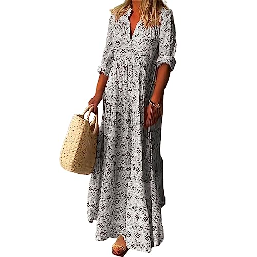 Suzanne Langes Kleid Mode Verkleiden Bohemia Print Rüschen Großer Saum Kleid Grau 2XL
