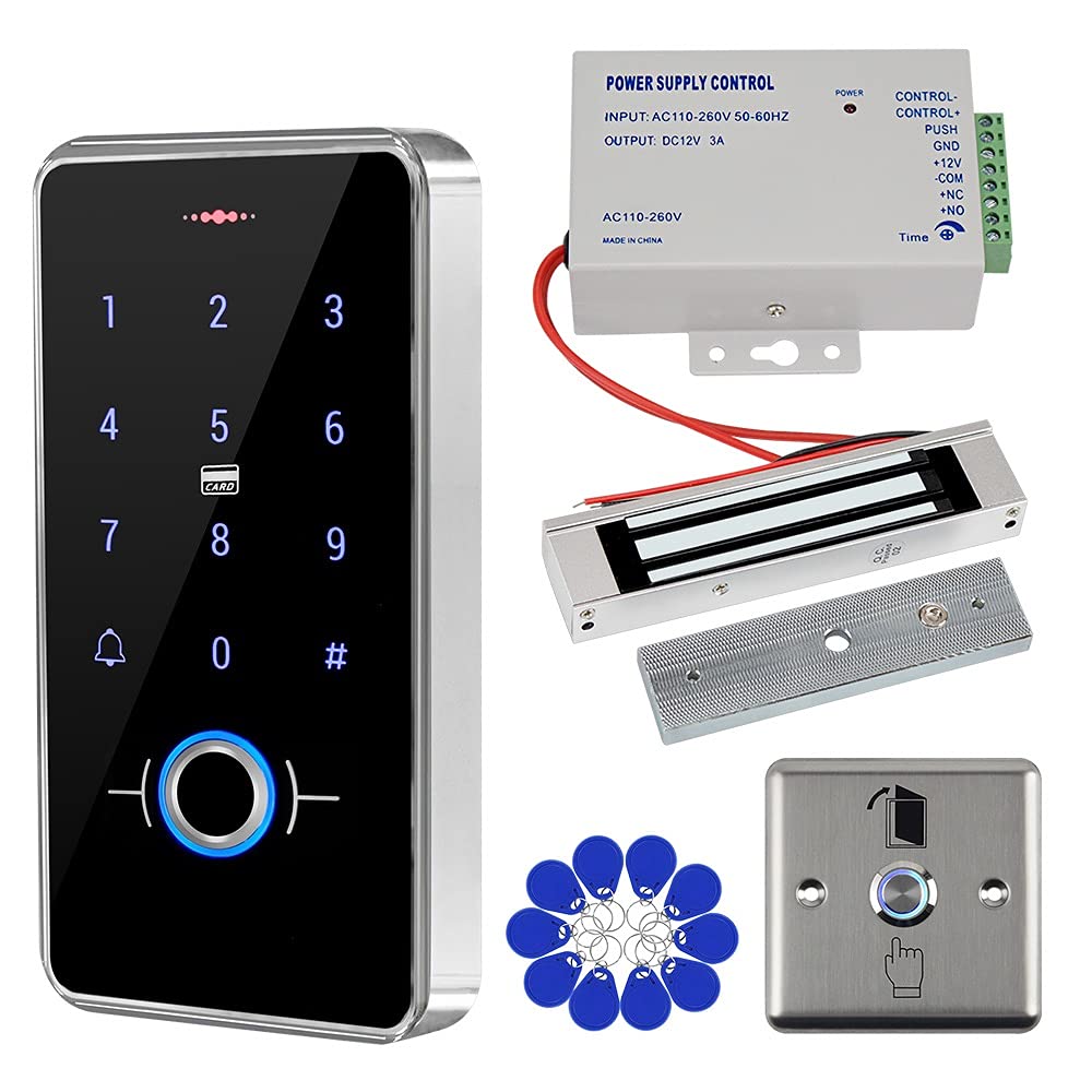 GXY RFID-Türzugangskontrollsystem-Kit IP68 wasserdichte Fingerabdruck-Tastatur, NC-Modus-Magnetschloss 180 kg / 350 lbs, 12V 3A-Netzteil, Türschalter aus Metall, 10 Stück IC 13,56MHz Schlüsselanhänger