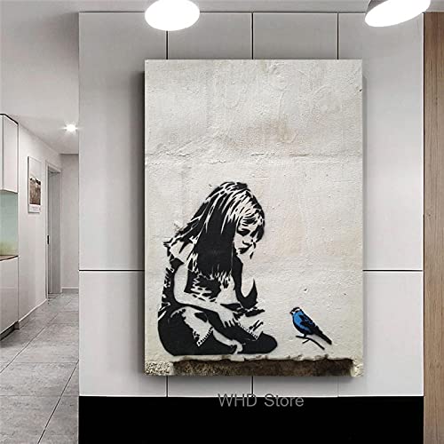 BANKSY Graffiti Street Art Mädchen mit blauem Vogel Poster und Drucke Leinwand Kunstdruck Wandbilder Wandkunst Wohnkultur 70x90cm Rahmenlos