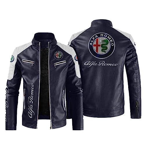 Motorrad Jacke, Alfa Ro-meo Lederjacke Herren Winter, Leather Jacket Men Casual-Navy||M