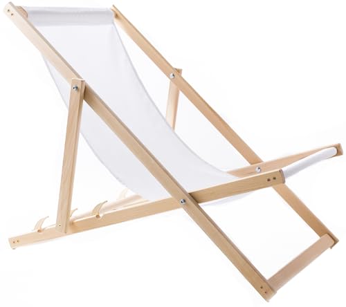WOODOK Liegestuhl Klappbar - Gartenliege Klappbar bis 120kg, Sonnenliege aus Buchenholz ohne Armlehne - 3-Stufige Rückenlehnenverstellung (Weiß)