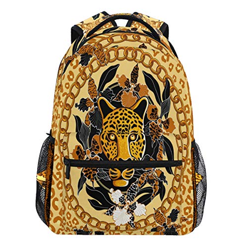 Oarencol Rucksack mit Leopardenkopf und Orchideen, Goldfarbene Kette, Tier-Blumen-Rucksack, für Reisen, Schule, Hochschule