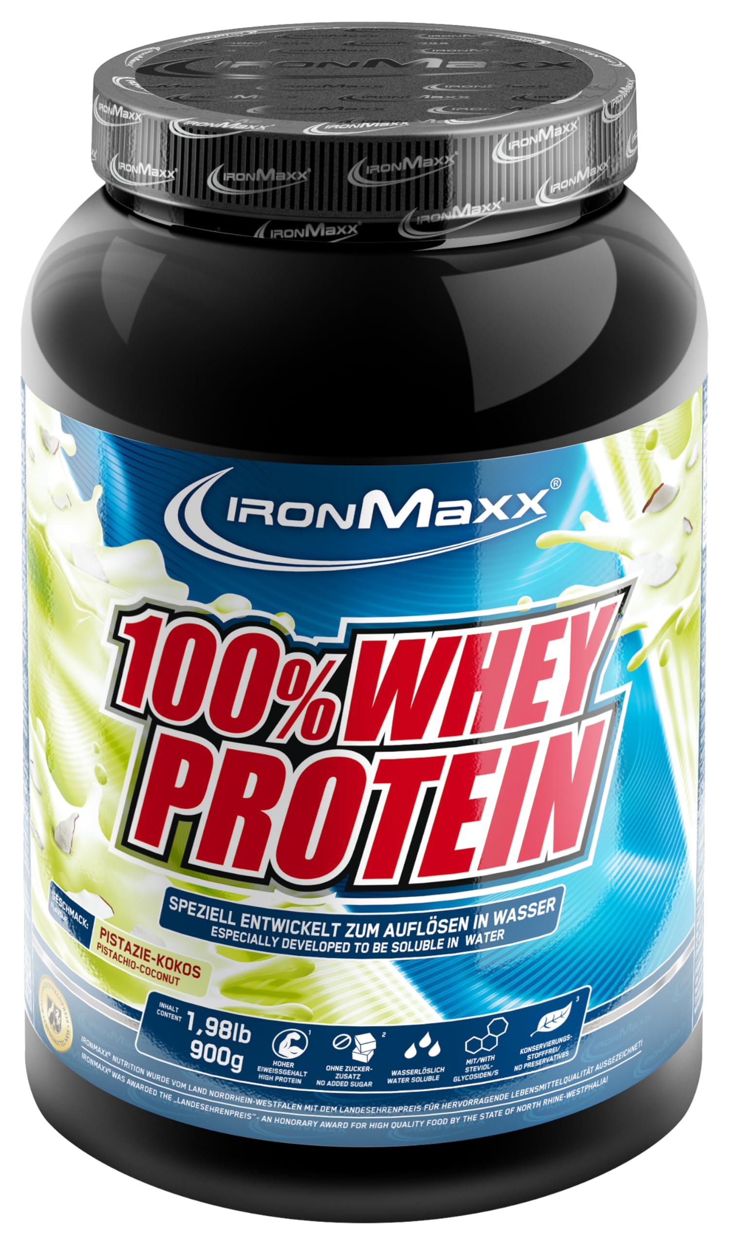 IronMaxx 100% Whey Protein Pulver - Pistazie Kokos 900g Dose | zuckerreduziertes, wasserlösliches Eiweißpulver aus Molkenprotein | viele verschiedene Geschmacksrichtungen