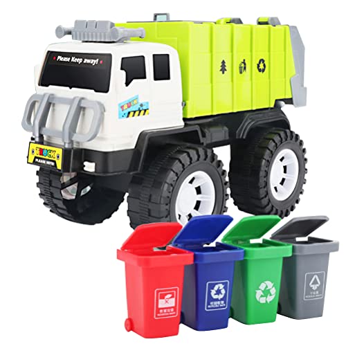 HUSHUI Müllwagen Spielzeug, Müllwagen mit 4 Mülleimer für Kinder Sanitärwagen Auto Müllwagen Spielset Spielzeugfahrzeuge Set Urlaub Geburtstagsgeschenk