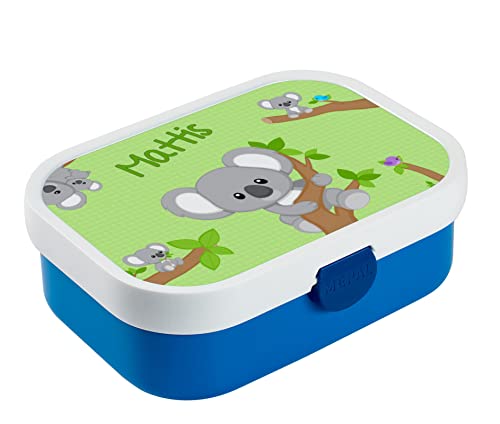 CreaDesign, Brotdose Kinder mit Fächern personalisiert Lunchbox blau mit Bento Einsatz, Brotbox mit Unterteilung Koala Bär Junge