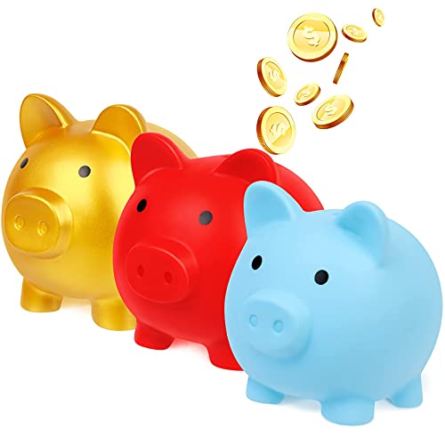 CCCYMM Niedliches Sparschwein aus Kunststoff, für Erwachsene, Sparschwein für Jungen, Mädchen, Kinder (klein) (Gold, Rot, Blau), 3 Stück
