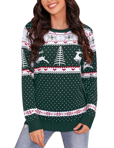 Irevial Weihnachtspullover Damen Lustig Winter Strickpulli Langarm Rundhals Christmas Sweater, E-grün, XXL