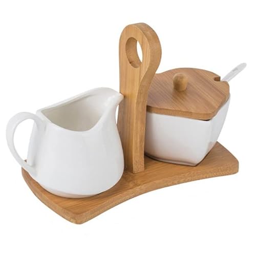 EdirFtra Weiße Sahne & Zucker Set, Keramik Zucker und Milchkännchen Set, Sahne Krug und Zuckerdose mit Deckel Löffel Tablett für Kaffee Serving Set