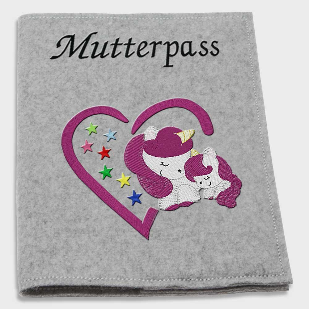 Mutterpass-hülle Wollfilz bestickt Motiv Einhorn Herz lila Filzfarbwahl hellgrau grau dunkelgrau Handarbeit passend für den deutschen Mutterpass (hellgrau)