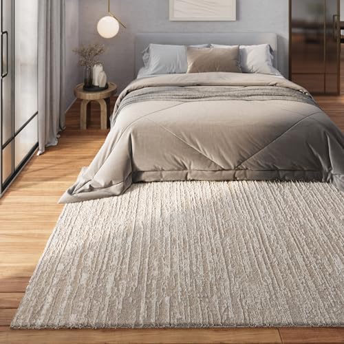 Gewebter pflegeleichter Teppich von WECONhome mit meliertem Design ideal für Wohnzimmer, Schlafzimmer und Arbeitszimmer- Peer (120 x 170 cm, beige)
