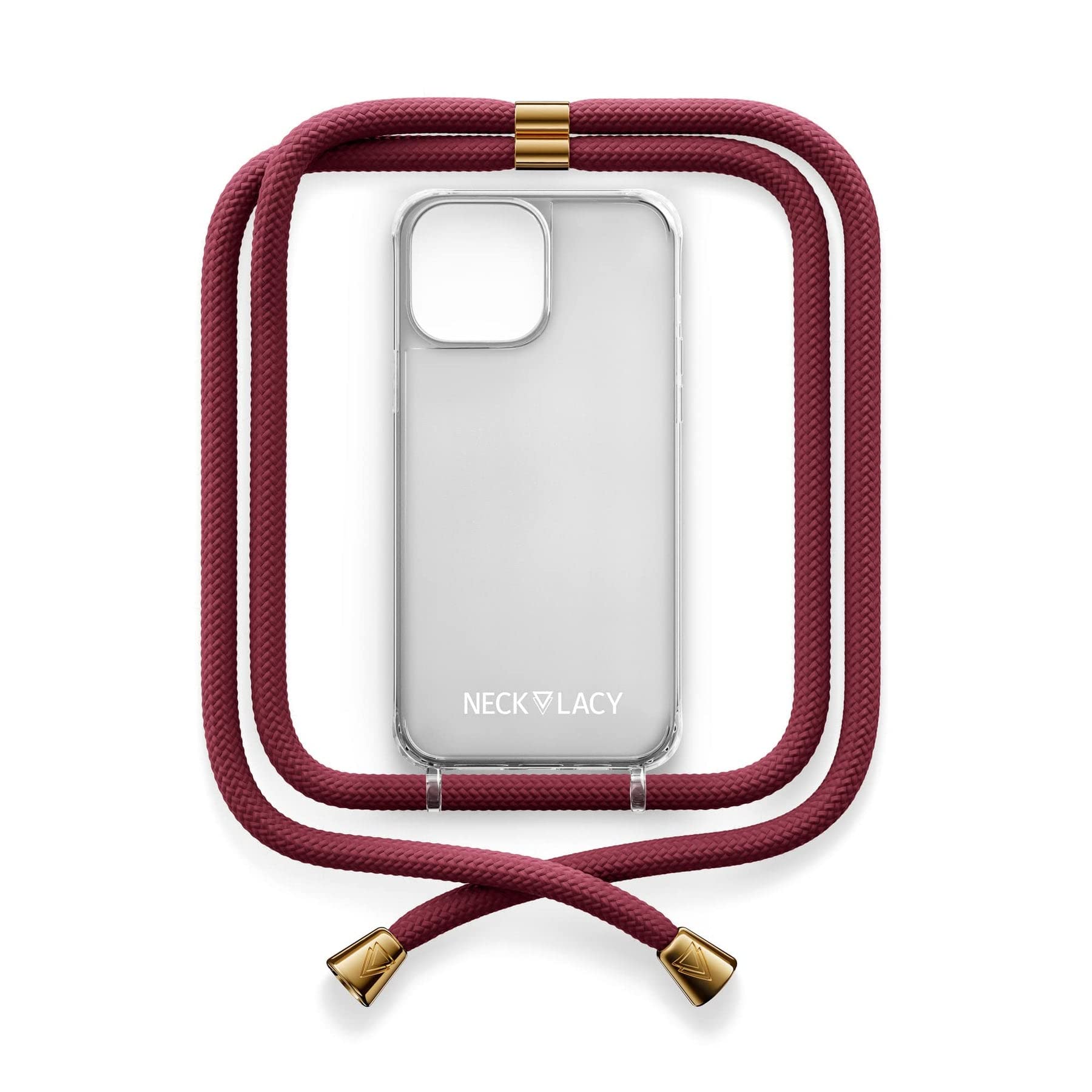 NECKLACY® - Die Premium Handykette für Apple iPhone 14 Pro in Berry | transparente Handyhülle mit hochwertiger Kordel zum Umhängen - Smartphone Crossbody Case