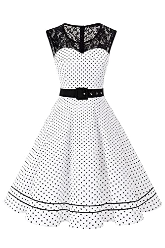 AXOE Damen Abendkleider Elegant für Hochzeit Festlich Kleid Vintage Weiß mit Schwarz Gepunktete Übergröße 44, 3XL
