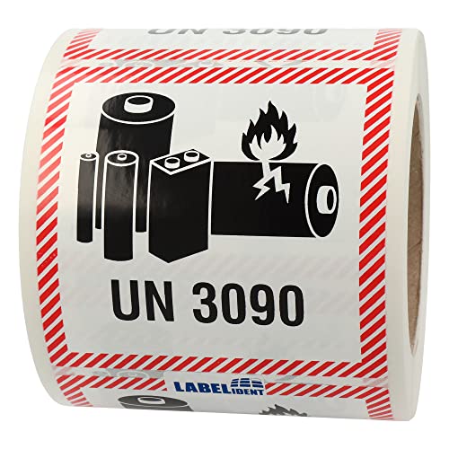 Labelident Transportaufkleber - enthält Lithium Metall Batterien UN 3090-100 x 100 mm - 500 Batterie Aufkleber auf 76 mm (3 Zoll) Rolle, Akku Etiketten