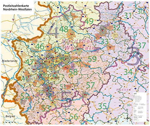 Große Postleitzahlenkarte von Nordrhein-Westfalen NRW Poster (Größe: 1,18 x 1,0m)