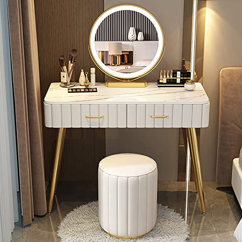 Schminktisch-Set, Schminktisch-Set mit 3-farbig verstellbarem, um 360° drehbarem Spiegel, Schminktisch, großer Schublade und gepolstertem Hocker, moderner Schlafzimmer-Schminktisch für Frauen und Mä
