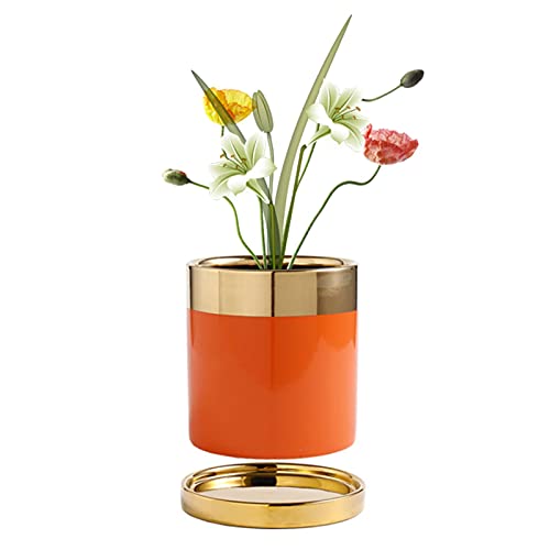 WUHUAROU Blumentopf Zylindrischer Orange Blumentopf Keramik Blumentopf mit Untersetzer Moderne Zimmerdekoration Pflanzen Sukkulenten Pflanzgefäß
