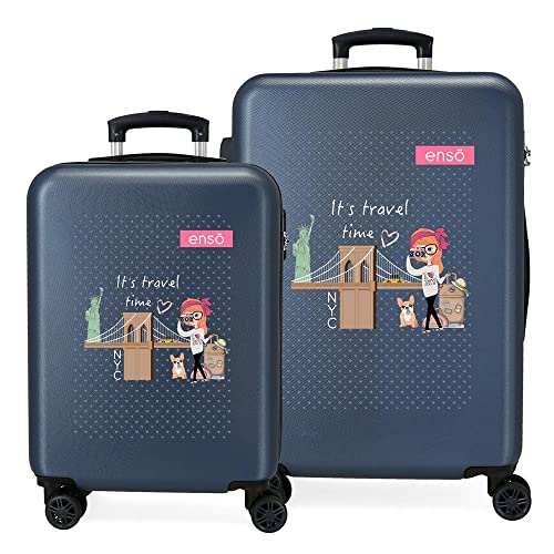 Enso Travel Time Koffer-Set, blau, 55/65 cm, starr, ABS-Kombinationsverschluss, seitlich, 91 l, 6 kg, 4 Räder, Handgepäck