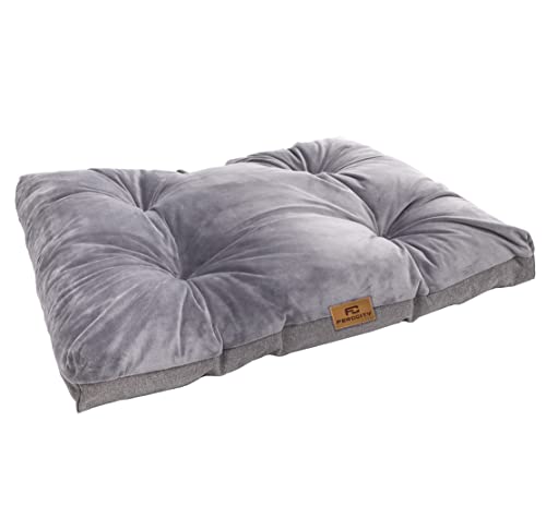 Ferocity Hundebett Hundematte waschbares Hundesofa Zweiseitig, Hundekissen aus Cordura und Samt, Grau und Flachs 85x60 [123]