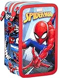 Marvel Spiderman Federmäppchen Kinder, 3 Organisierte Fächer, Federtasche Junge Gefüllt mit Schreibwaren, Schulmäppchen, 45 Teilen für die Schule, Klebestift, 20cm