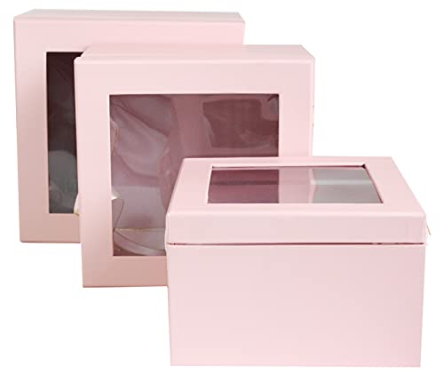 Emartbuy Set mit 3 starren Luxus-Geschenkboxen, quadratisch, Babyrosa Druck mit transparenter Oberseite, doppellagige Innenseite und weißen und goldenen Satinband-Griffen