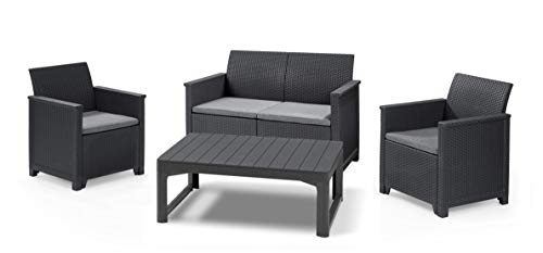Koll Living Garden Lounge-Set Emma mit Lyon Tisch, 4-TLG. Graphit, 2-Sitzer Sofa, 2 Sessel & höhenverstellbarer Tisch - ansprechende Sitzgruppe in naturgetreuer Rattanoptik