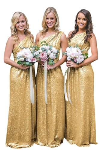 Damen-Kleid mit einer Schulter, Glitzer-Pailletten, Brautjungfernkleid, lang, Etuikleid, Falten-Taille, formelles Kleid für Hochzeit, gold, 46
