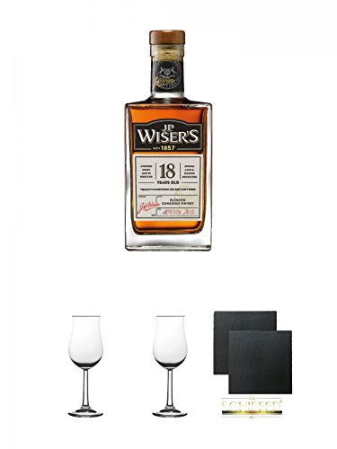 JP Wiser's - 18 - Jahre 40% 0,7 Liter + Whisky Nosing Gläser Kelchglas Bugatti mit Eichstrich 2cl und 4cl 1 Stück + Whisky Nosing Gläser Kelchglas Bugatti mit Eichstrich 2cl und 4cl 1 Stück + Schiefer Glasuntersetzer eckig ca. 9,5 cm Ø 2 Stück